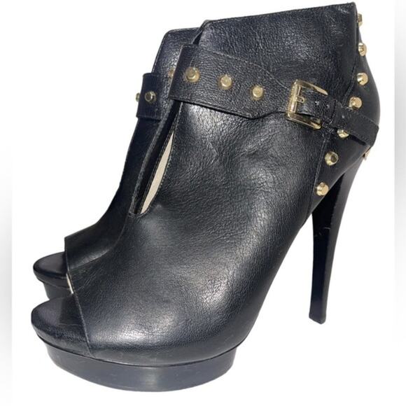 MICHAEL KORS Women's Black Leather Ailee Gold Studded Peeptoe Booties Sz 9.5 - Picture 3 of 10
